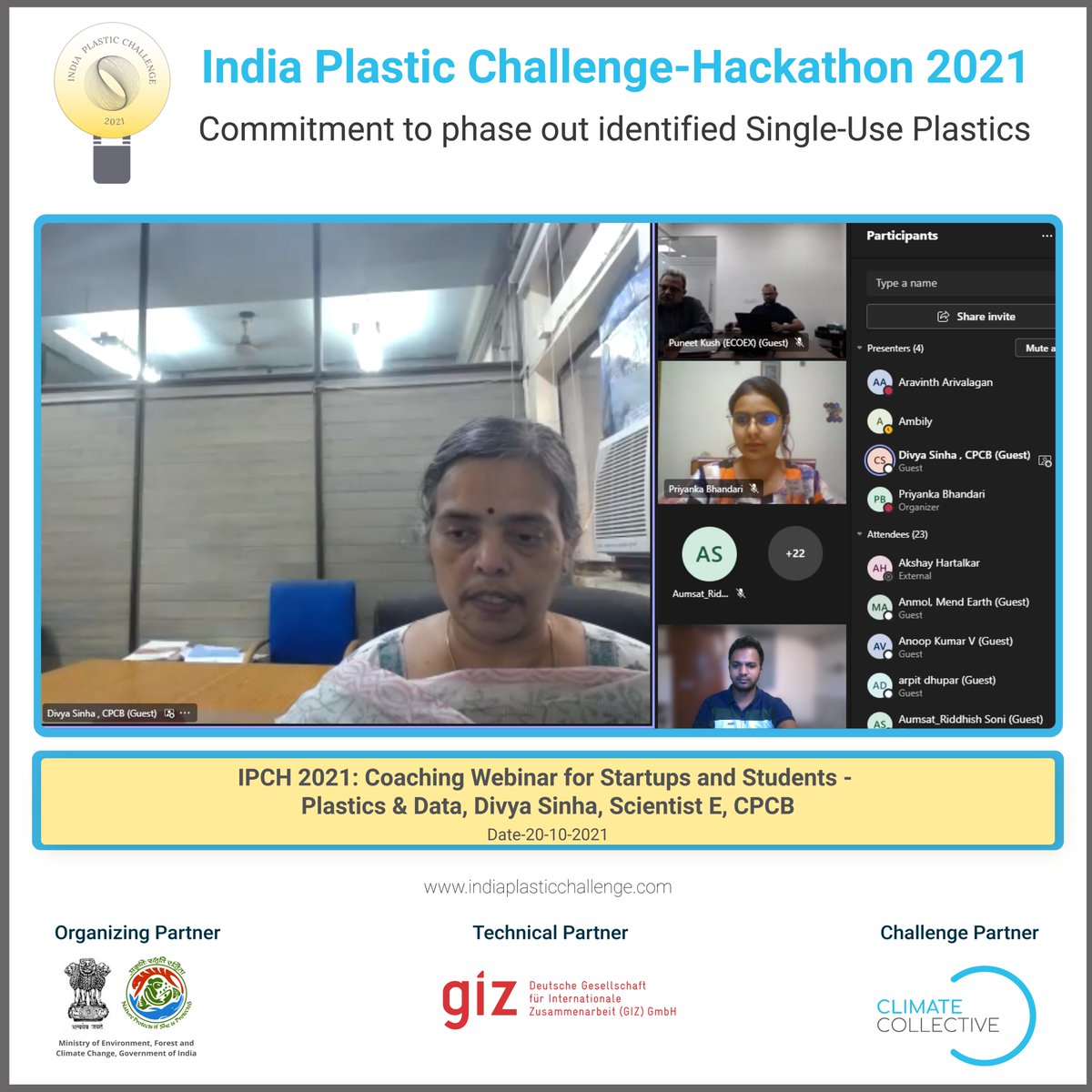 india_plastic's tweet photo. Day three of the India Plastic Challenge - Hackathon started with an informative session on Plastics and Data by Ms Divya Sinha, Scientist E, CPCB and Ask Me Anything session by Siddharth Hande, Founder &amp; CEO, Kabadiwalla Connect.
@moefcc @CCollectiveNet @NITIAayog https://t.co/bPd0iettJ9