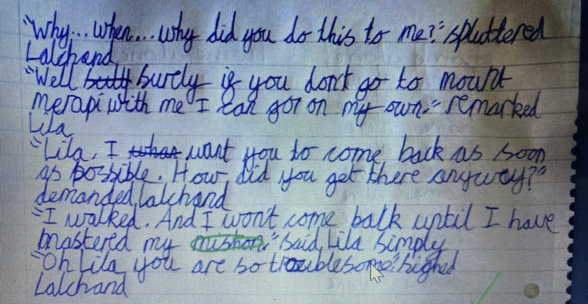 Some fantastic examples of conversations based on our class text The Firework Makers Daughter! We have focussed on inverted commas this week and thought about how both characters would be feeling. I cannot wait to read the ones in school! <a href="/walton_primary/">Walton C of E Primary</a>