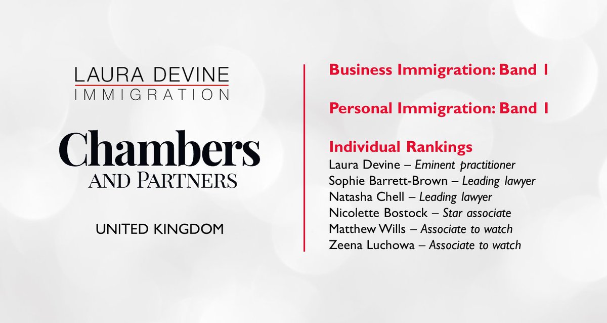 LauraDevineLaw's tweet photo. Delighted that LDI has been recognised as a top ranked UK firm for business immigration and personal immigration in @ChambersGuides.
"Everyone at Laura Devine is completely dependable."
Read more: https://t.co/CDDNnHEulv
#Chambers2022 #ChambersUK #GoTeamLDI https://t.co/lqE1bK86GE