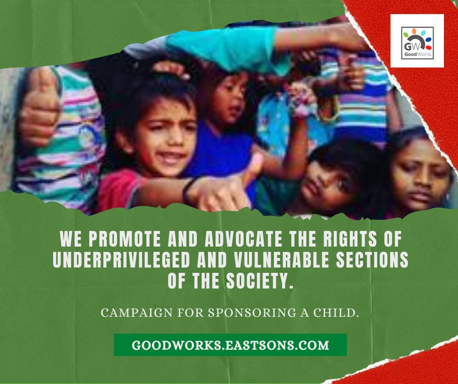 GoodworksTrust's tweet photo. Campaign for sponsoring a child. We promote and advocate the rights of underprivileged and vulnerable sections of the society.
To learn more visit: https://t.co/LEeCsDzQAJ
or contact us @ goodworks@eastsons.com
#ngo #goodworkstrust #childeducation #charity https://t.co/YGaZDfoHCf