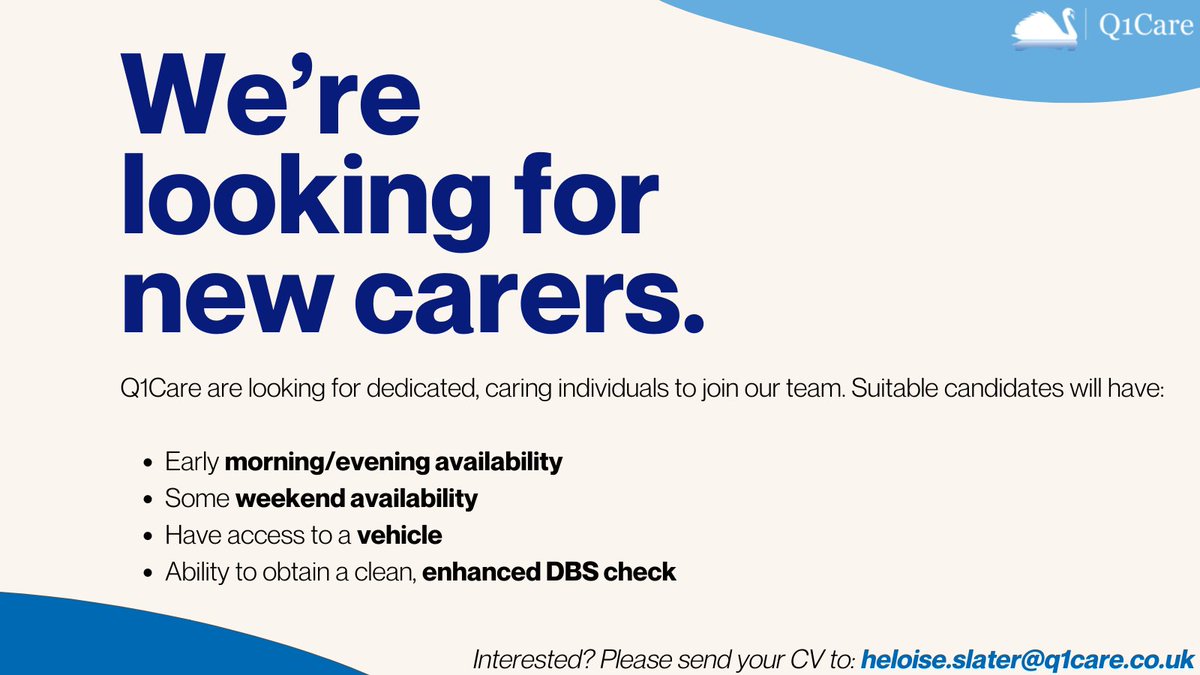 Q1Care's tweet photo. Q1Care are happy to announce that we are looking for dedicated, compassionate individuals to join our team. If you are interested, please send your CV and two references to heloise.slater@q1care.co.uk. We'd love to hear from you #hiringnow #wearehiring #employmentopportunity https://t.co/21zh98m0b0