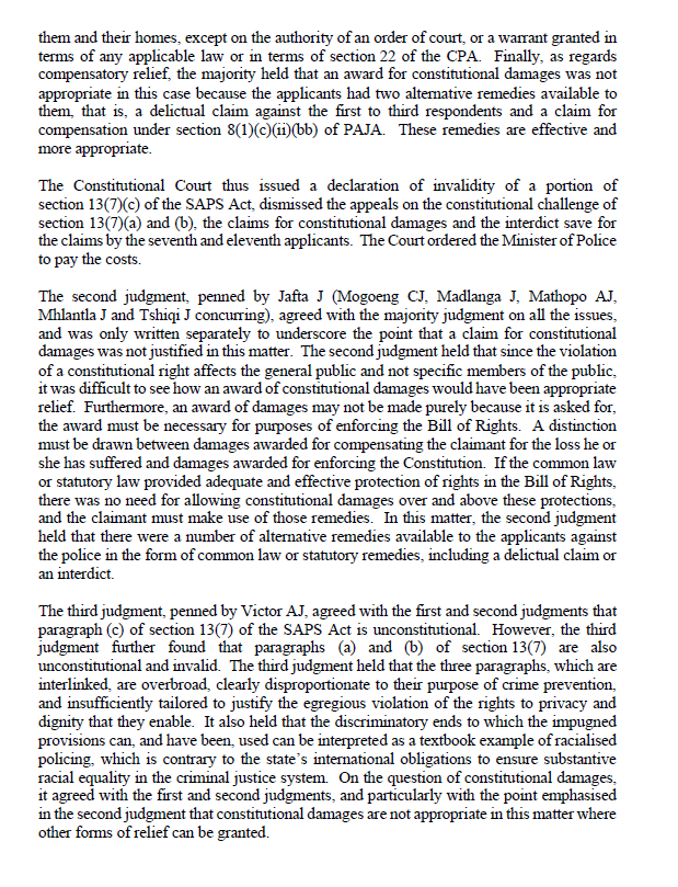 (1/2) Judgment: Part of section 13(7)(c) of the South African Police Service Act which authorises warrantless searches is inconsistent with the rights to privacy and dignity, and the declaration of constitutional invalidity is confirmed.