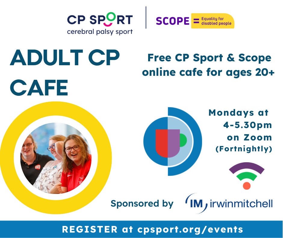 CP_Sport's tweet photo. Join us for a chat! 🗨️Our next virtual cafe for adults with cp (aged 20+) is on Monday 25th October.
Registration is required, free to attend. Held in partnership with our friends at Scope
Register here: https://t.co/52Lb1nylTB
Supported by Irwin Mitchell
#CPTogether https://t.co/8C9EHRz4nJ
