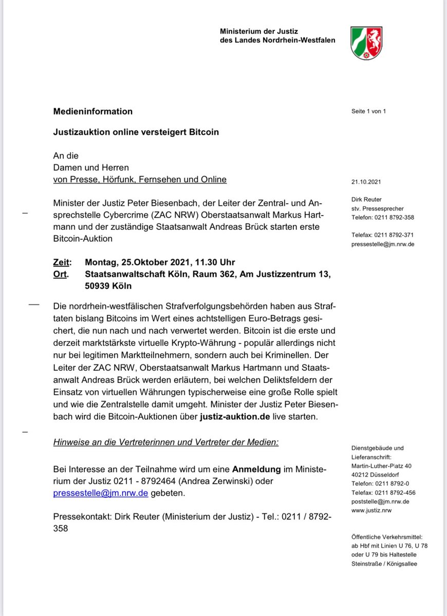 Justiz_NRW's tweet photo. Eine Anmeldung für den Pressetermin zur #Bitcoin-Auktion ist für Medienvertreter unter pressestelle@jm.nrw.de oder 0211/8792464 möglich. 

Für Biet-Interessent/innen: 
Die Online-Versteigerung selbst startet um 12.00 Uhr auf https://t.co/6FxWkPvQdX https://t.co/HsM3x4Fvh7
