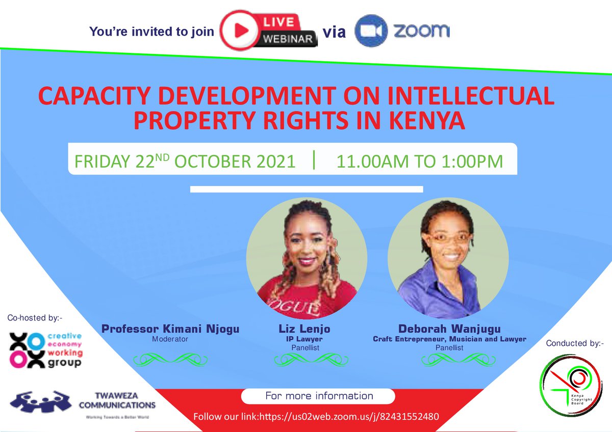 KenyaCopyright's tweet photo. To learn more on copyright  join this webinar in the next 10 min. and understand the rights due to you at every step of creation and how to manage them. You also understand how to do cover songs legally and use works in public domain. 
Use this link>>>>  
https://t.co/4h6uaJiSna https://t.co/GPt3ceOPhn
