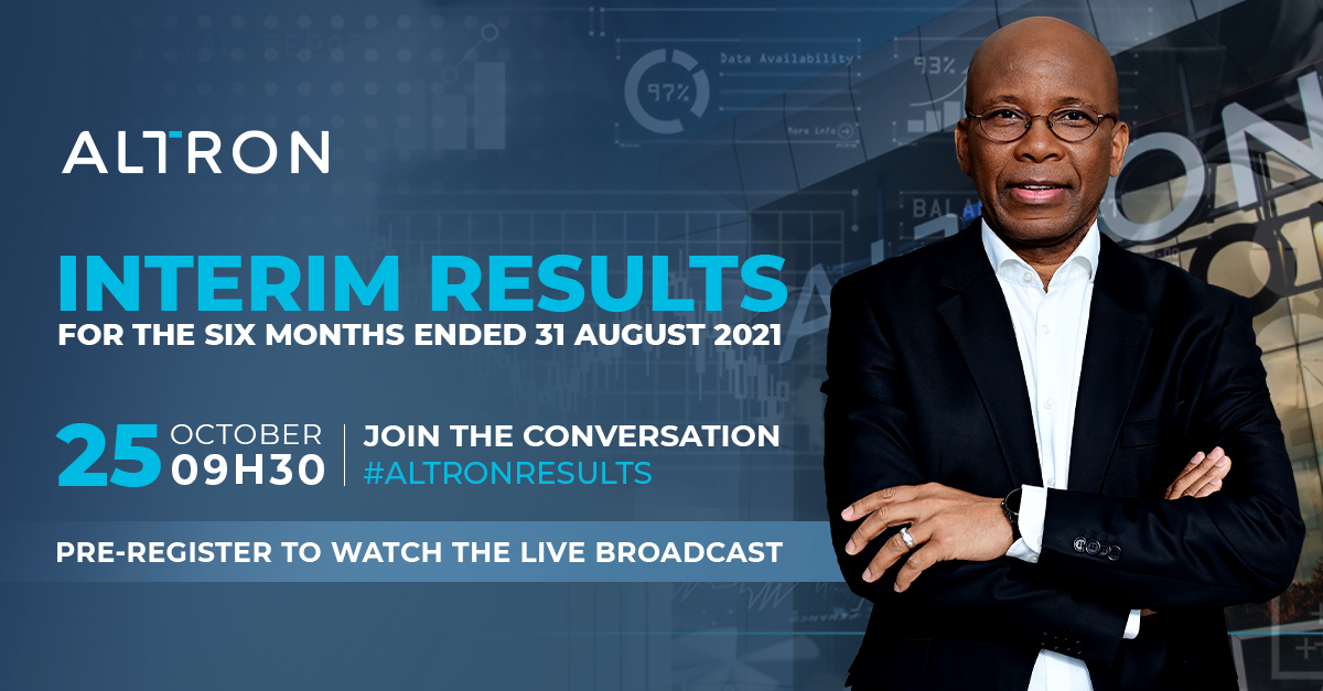 The directors of Altron invite you to the presentation of the Group’s Interim Results for the six months ended 31 August 2021. 

Date: Monday, 25 October 2021.
Time: 09h30-11h00.

Pre-register to watch the live broadcast: attendee.gotowebinar.com/register/11885…

#AltronResults
