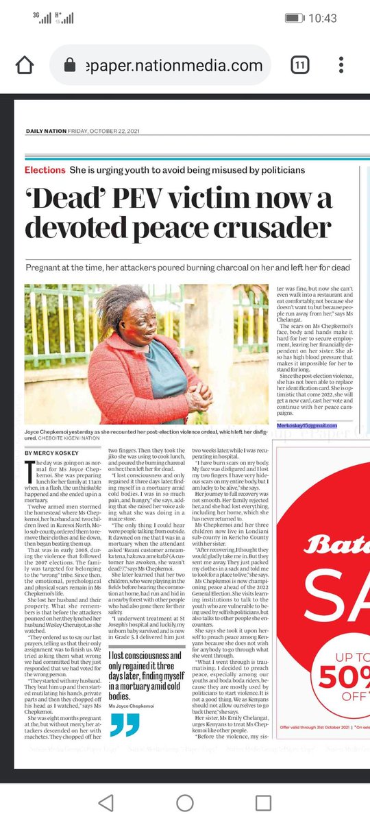 NdegeMaosa's tweet photo. Came across this horrific story in the nation today of a lady who was brutally attacked in the 2007 postelection violence. No politician is worth dying for & no Kenyan should be victimized because of their political inclination @mutuma_mathiu @makaumutua #NotInOurMotherLand https://t.co/fnoMRAogid