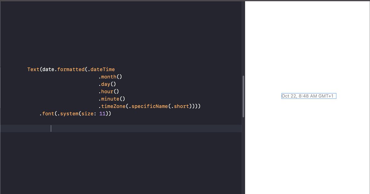 An image showing me using the new Formatter API in swift to format a date into it’s month, day, hour, minute & timezone components in SwiftUI.