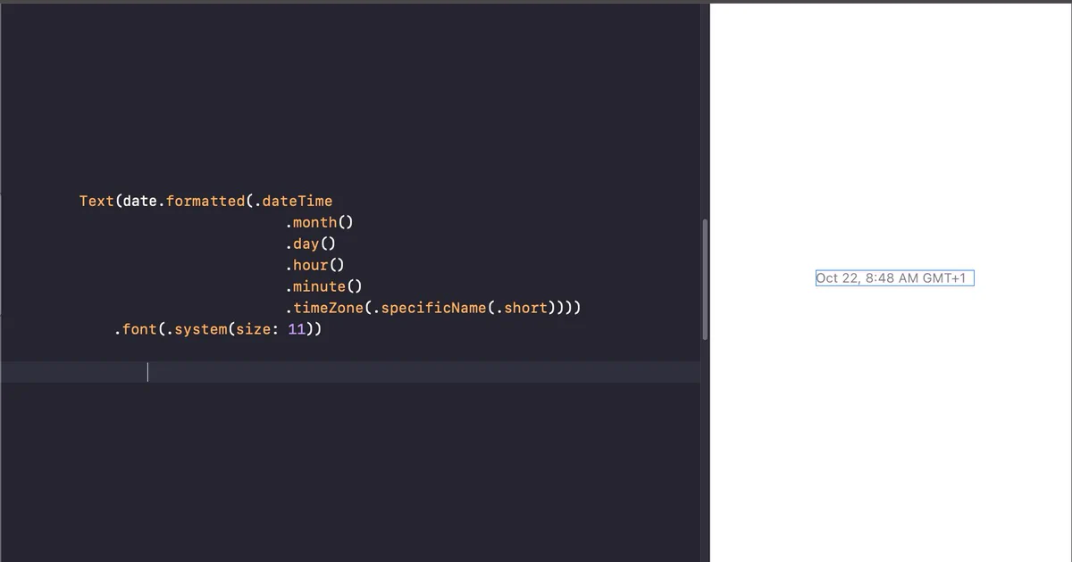 An image showing me using the new Formatter API in swift to format a date into it’s month, day, hour, minute & timezone components in SwiftUI.