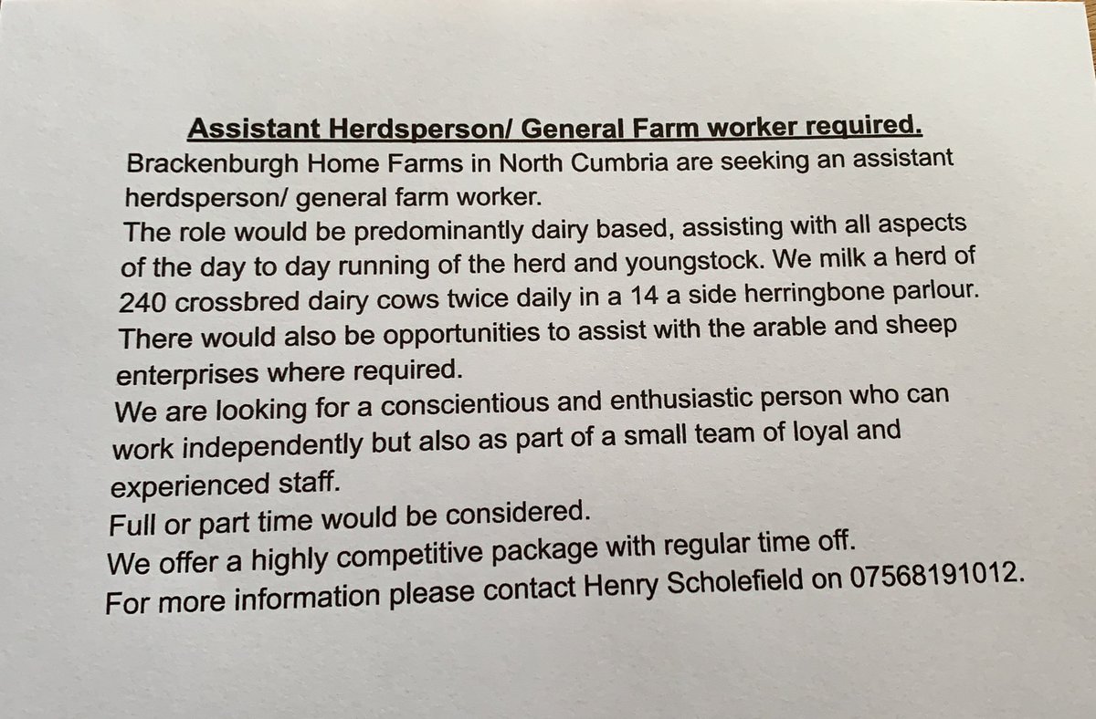 henryschol2's tweet photo. Assistant Herdsperson/ General Farm Worker required for Brackenburgh Home Farms, North Cumbria.
See below.
Please contact me for more information.
Retweet’s appreciated! https://t.co/aJI4OrQryD