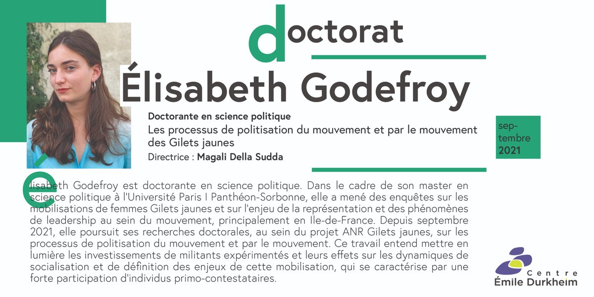 #Doctorat👩‍🎓
✔Bienvenue à Élisabeth Godefroy qui débute une thèse de science politique au <a href="/CEDurkheim/">Centre Émile Durkheim @cedurkheim.bsky.social</a>
 dirigée par Magali Della Sudda
▶Les processus de politisation du mouvement et par le mouvement des Gilets jaunes
➕bit.ly/3E65xww