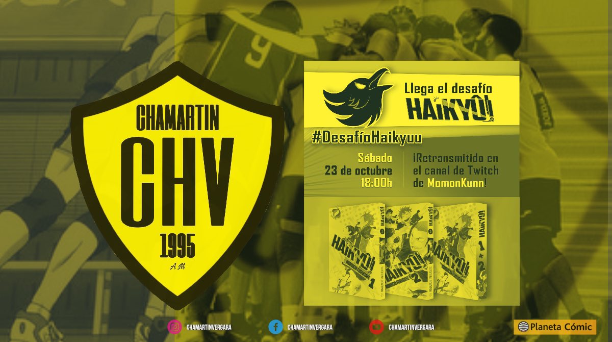 #DesafíoHaikyuu Este sábado 23 de octubre  participaremos en el lanzamiento del manga en España. Un partidazo de YouTubers y TikTokers junto con jugadores de CHV. Retransmitido en Twitch x @momonkunn comentado x <a href="/kidcoltrane/">Borja Pavón</a> y nuestro <a href="/ggtenor/">Gustavo De Gennaro</a> 
#haikyuu #haikyuuedit #VOLLEY #chv
