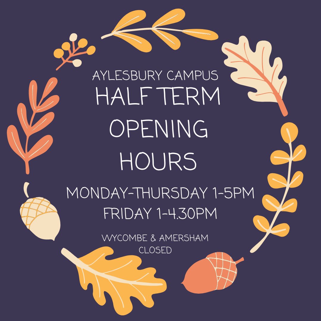 bcglearningcen's tweet photo. Hope everyone has a lovely half term break. The Learning Centres will resume normal opening hours on Monday 1st November. 

#aylesbury #wycombe #amersham #buckinghamshire #bcglearningcentres #buckscollegegroup #bookish #books #librariesofinstagram #bookstagram https://t.co/jrLteILET8