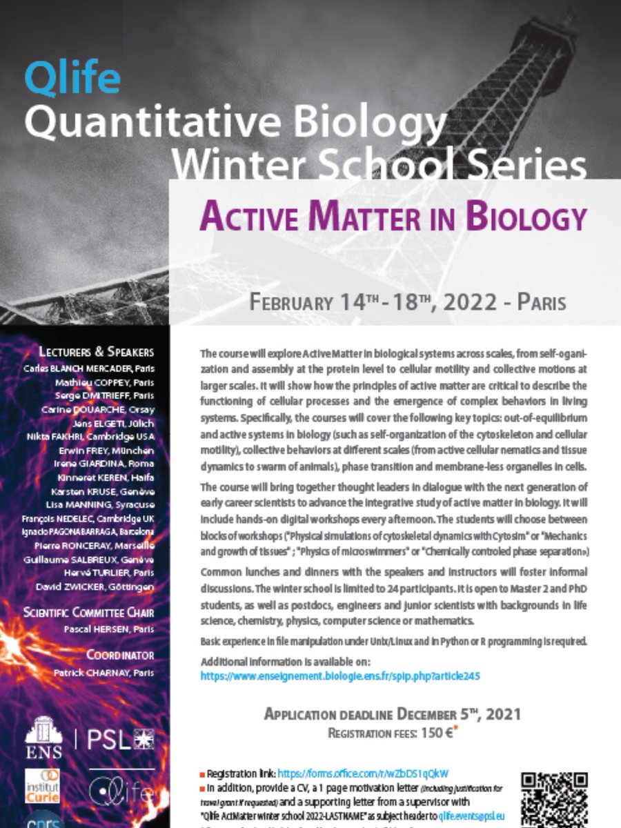 Qlife winter school: Active matter in biology. Application deadline Dec 5th.