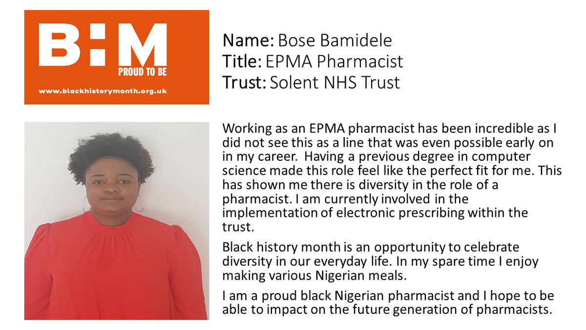 rc_pharm's tweet photo. Today the amazing @BoseBamidele1 tells us how she got into her role as an EPMA Pharmacist and why she's #ProudtoBE

@PTOC11 @APTUK1 #BHM #BlackHistoryMonth #BHMPharmacy #RPSIandD https://t.co/dxedLuXHQs