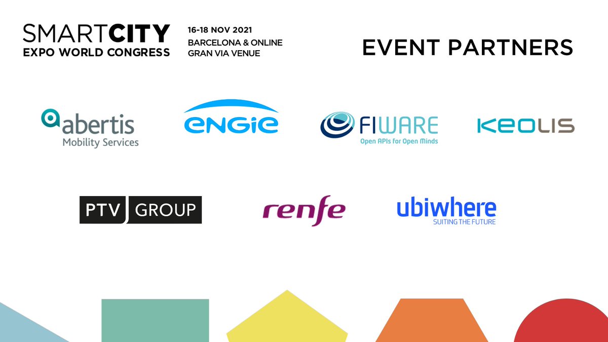 👋Hi, Event Partners! #SCEWC21 Proud to count with the participation & support of these sector leaders 🔝 ✨ @Abertis Mobility Services - @emovis_ ✨ @ENGIEgroup ✨ @FIWARE ✨ @groupekeolis ✨ @PTVGroup ✨ @Renfe ✨ @ubiwhere 2021 Partners ➡️loom.ly/azGNZRo