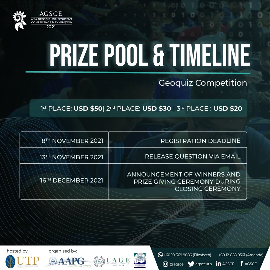 agsceutp's tweet photo. 🗻 AGSCE 2021 GEOQUIZ COMPETITION 🗻
 
We are back with AGSCE 2021 Geoquiz Competition! 🤩 All you have to do is answer questions related to geoscience and oil industry! 

For further enquiries, please contact ☎️: 
+(60)10 369 9086 (Elizabeth) 
+(60)12 858 0561 (Amanda) https://t.co/p23JDFVmLp