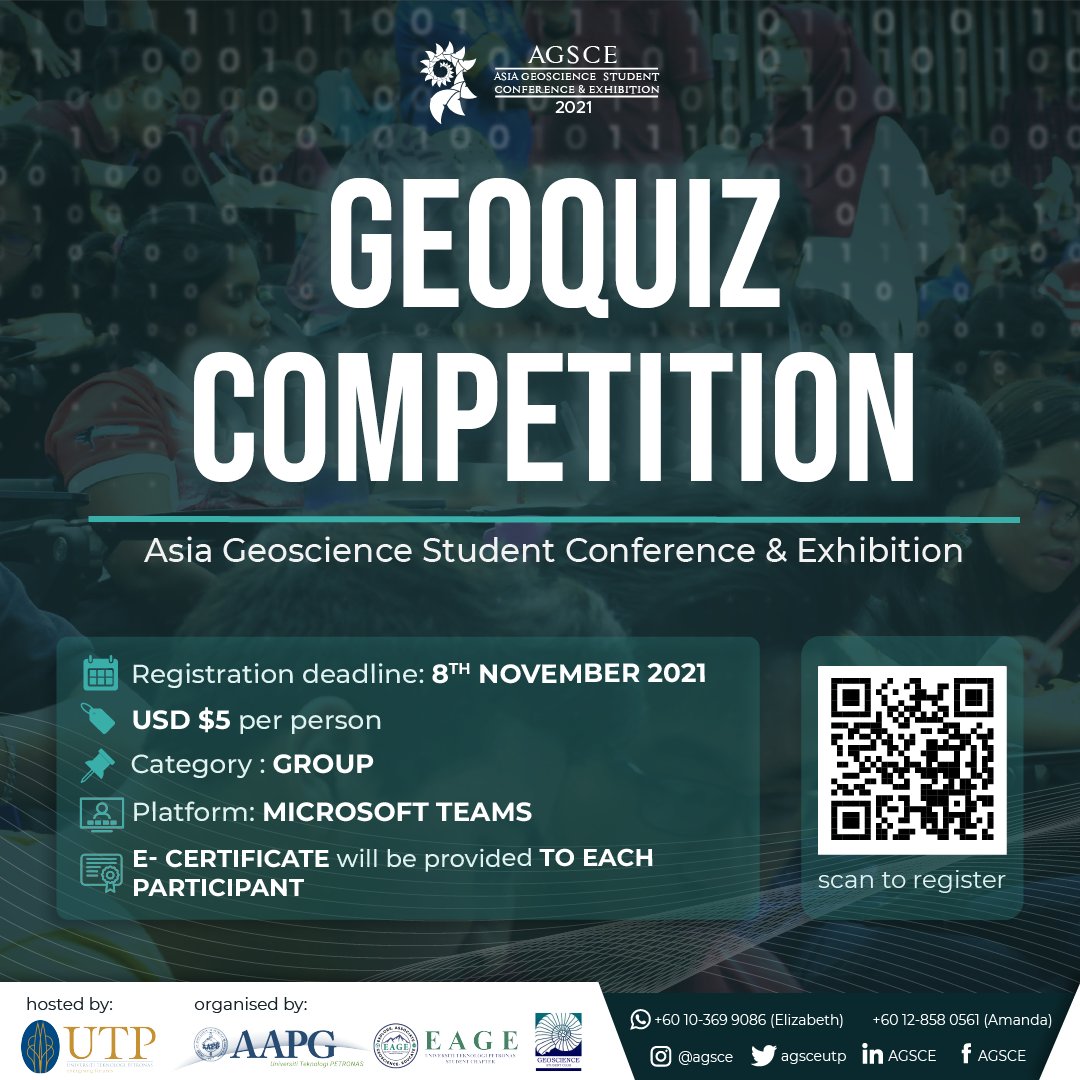 agsceutp's tweet photo. 🗻 AGSCE 2021 GEOQUIZ COMPETITION 🗻
 
We are back with AGSCE 2021 Geoquiz Competition! 🤩 All you have to do is answer questions related to geoscience and oil industry! 

For further enquiries, please contact ☎️: 
+(60)10 369 9086 (Elizabeth) 
+(60)12 858 0561 (Amanda) https://t.co/p23JDFVmLp