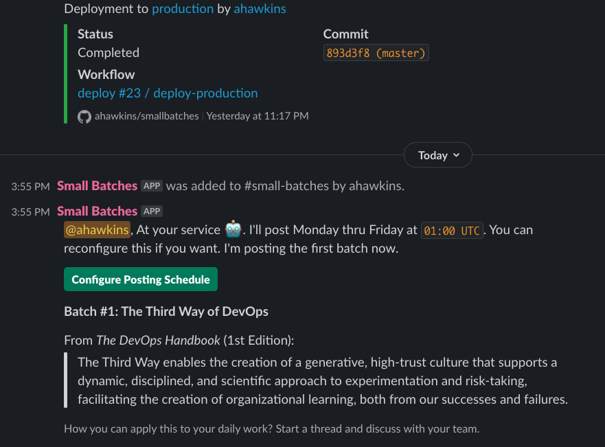 adman65's tweet photo. The #SmallBatches slack app now continuously delivered to production! 🎉 It's a companion to podcast designed for team. The app is a daily drip of software delivery education. Join the waitlist at https://t.co/bZVA2Wozr1. I’m onboarding more users soon. https://t.co/HfoyrEYkLt