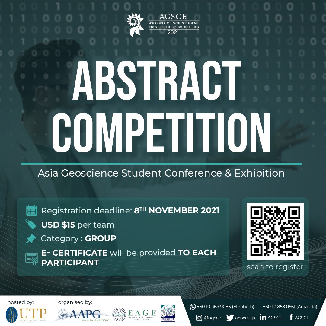 agsceutp's tweet photo. 📚 AGSCE 2021: ABSTRACT COMPETITION 📚

Heads up everyone! AGSCE 2021 is calling upon interested students to submit their abstract research!

 For further enquiries, please contact ☎️: 
+(60)10 369 9086 (Elizabeth) 
+(60)12 858 0561 (Amanda) https://t.co/96e5K2dvIl