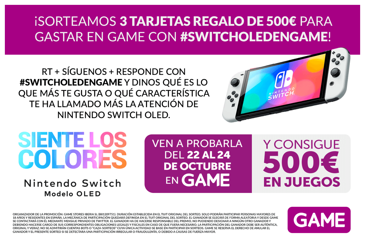 💸 ¡GANA una TARJETA REGALO GAME de 500€ con #SwitchOLEDenGAME! 💸

🔄 RT + Síguenos.
📝 Responde con #SwitchOLEDenGAME: ¿qué es lo que más te gusta de la nueva NINTENDO SWITCH OLED?
⏱ Participa hasta el 25/10/2021 a las 23:59h.

+INFO y BBLL: ow.ly/42nG50GvUXJ