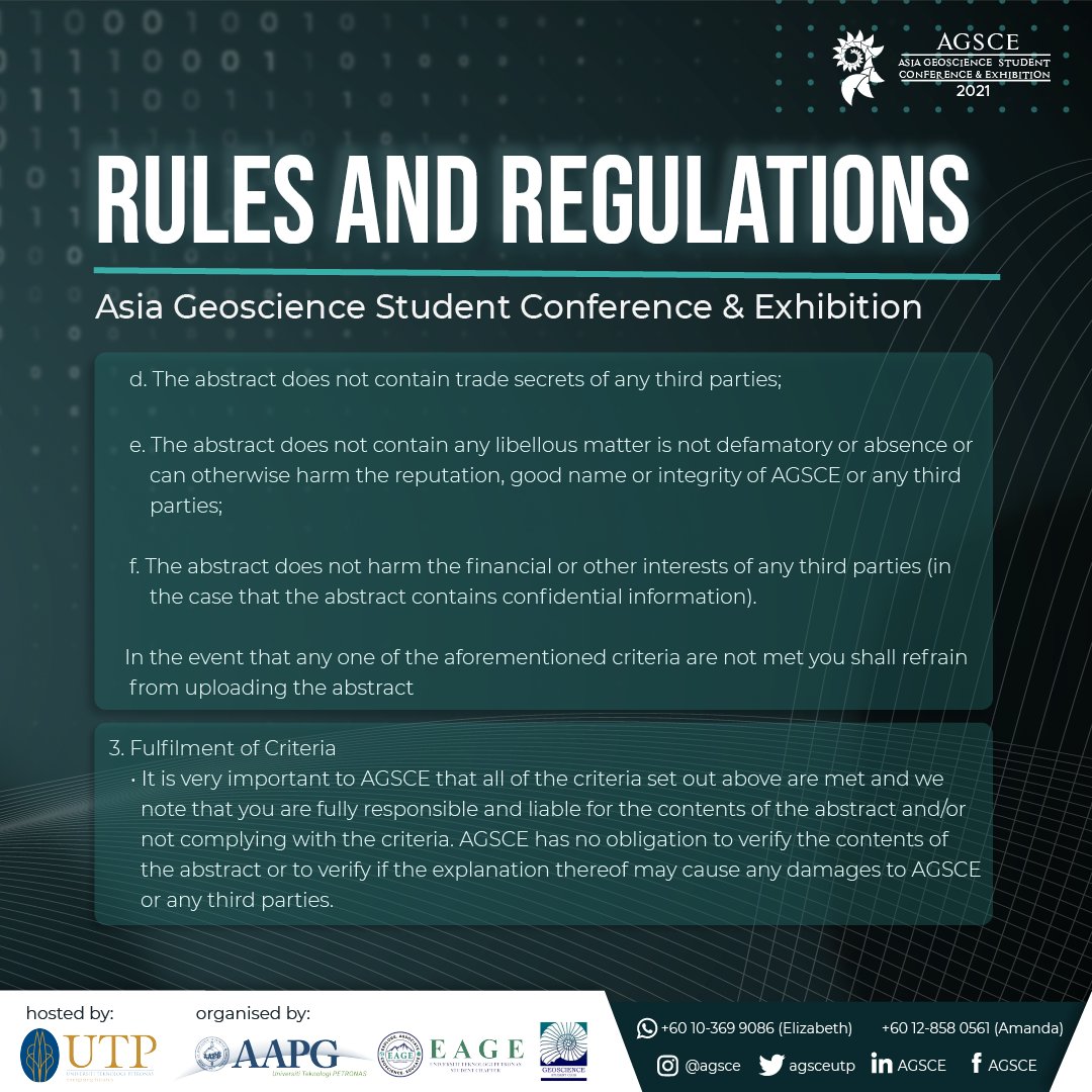 agsceutp's tweet photo. 📚 AGSCE 2021: ABSTRACT COMPETITION 📚

Below are the guidelines for the abstract competition. 

 For further enquiries, please contact ☎️: 
+(60)10 369 9086 (Elizabeth) 
+(60)12 858 0561 (Amanda) https://t.co/IfGErl26dl