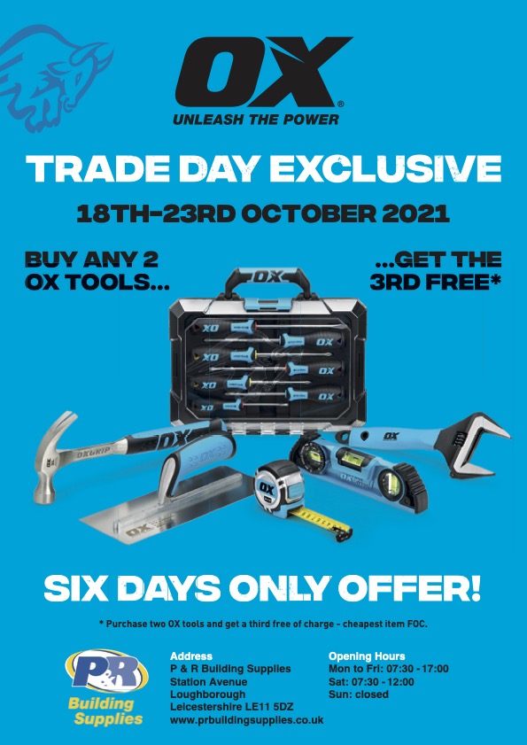 pandrbuilding's tweet photo. Trade day exclusive!

From now until the 23rd of October, buy any 2 OX Tools and get the 3rd free!

Come down to our new Loughborough Branch and check out the range.

Station Avenue
Loughborough
LE11 5DZ https://t.co/LAcqlDkq60