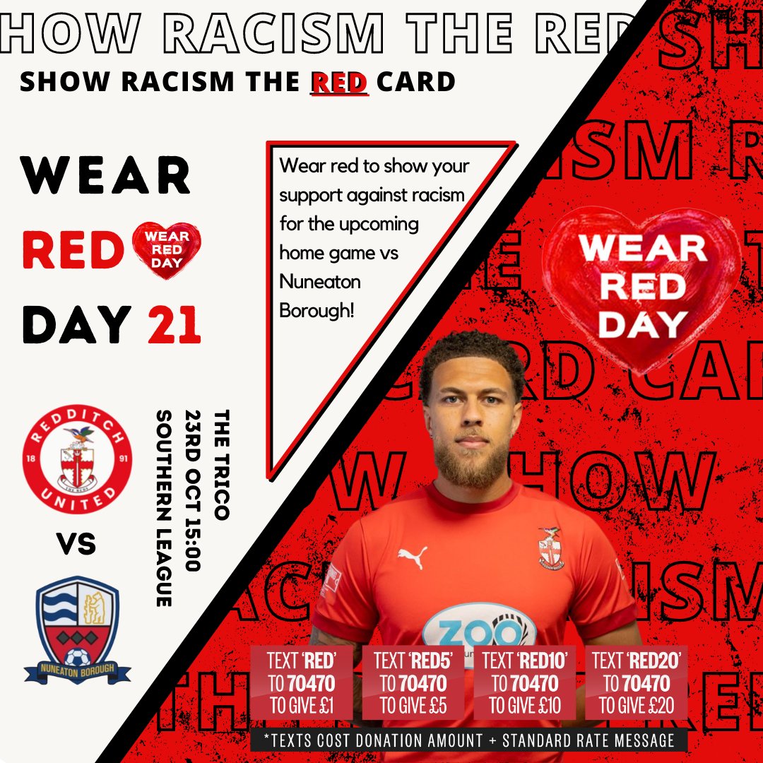 ⚽ UP NEXT!
Slightly different than usual, as we're supporting <a href="/SRTRC_England/">Show Racism the Red Card</a> for Wear Red Day, which is today!
We're asking people to show racism the red card and wear the colour red for this Saturday as we host <a href="/NuneatonBoroFC/">Nuneaton Borough FC</a>!
🤝 Football is for everyone.

#UnitedForAll