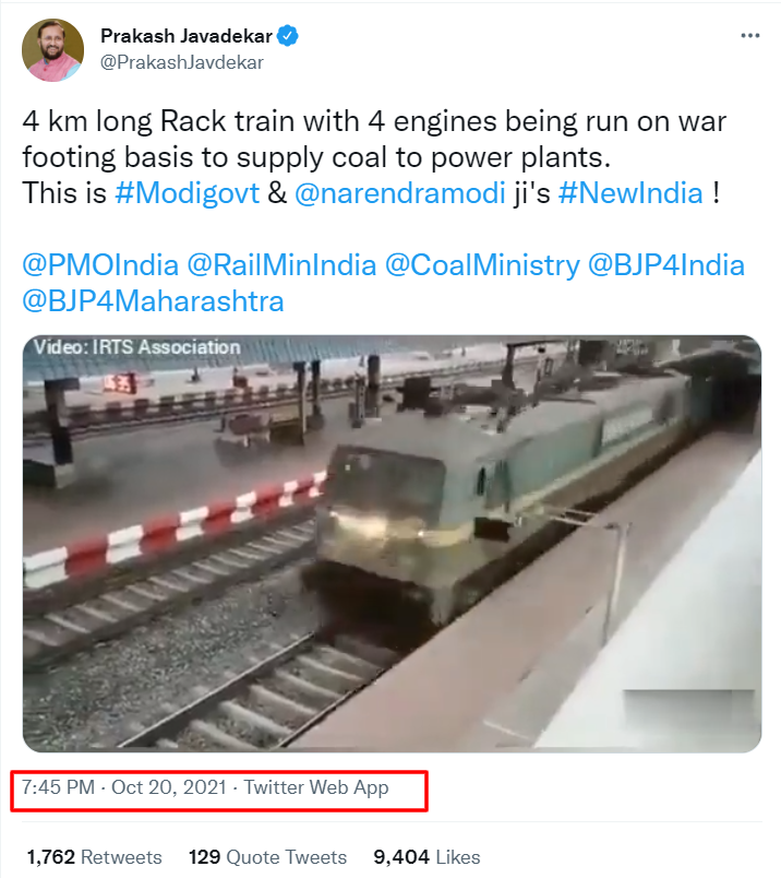 Pooja_Chaudhuri's tweet photo. .@PrakashJavdekar tweets video from January to claim govt is supplying coal on "war footing" amid ongoing crisis. @CNNnews18, without verifying the video, publishes a story claiming Indian Railways "for the first time" has run a 4-km-long train with 4 engines to supply coal.🤦‍♀️ https://t.co/tV95UOVW7J