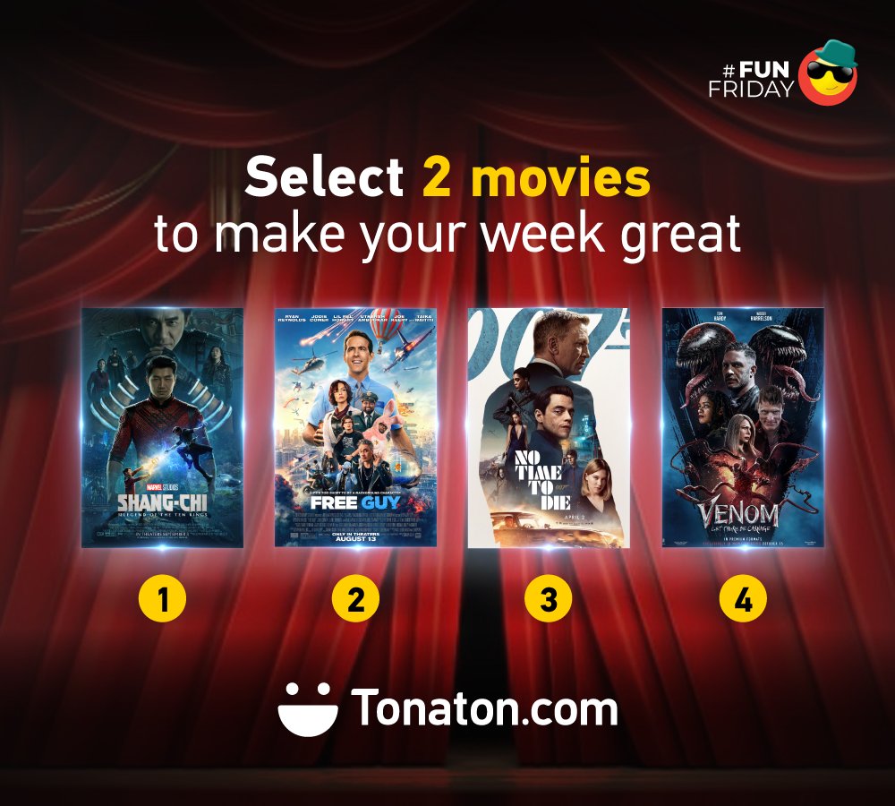 TonatonGhana's tweet photo. Which 2 movies are you picking?
#Tonaton #Moviefanatic #shangchi #FreeGuyMovie #NoTimeToDie #Venom2 #venom #Cinema #MarvelStudios https://t.co/8ReSpUAVEK