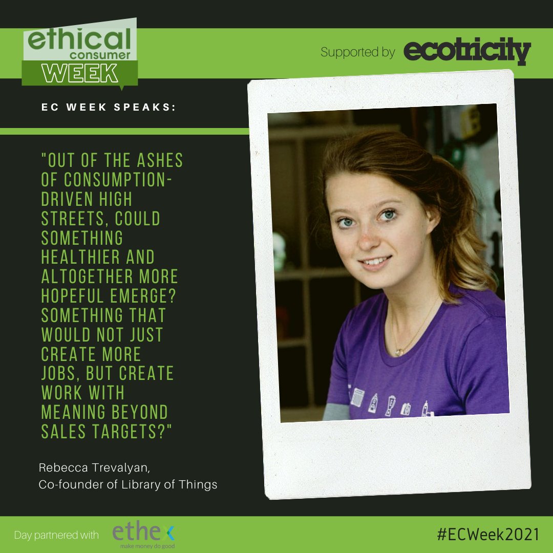 EC_magazine's tweet photo. Today we'll be joined by @RTrevalyan from @libraryofthings for a discussion on the 'Future of the High Street' alongside @francesnorthrop from @NEF and more! #ECWeek2021 supported by @ecotricity 
Register for pay as you feel tickets: https://t.co/sPuT9qLY51 https://t.co/YDDSUhnllb