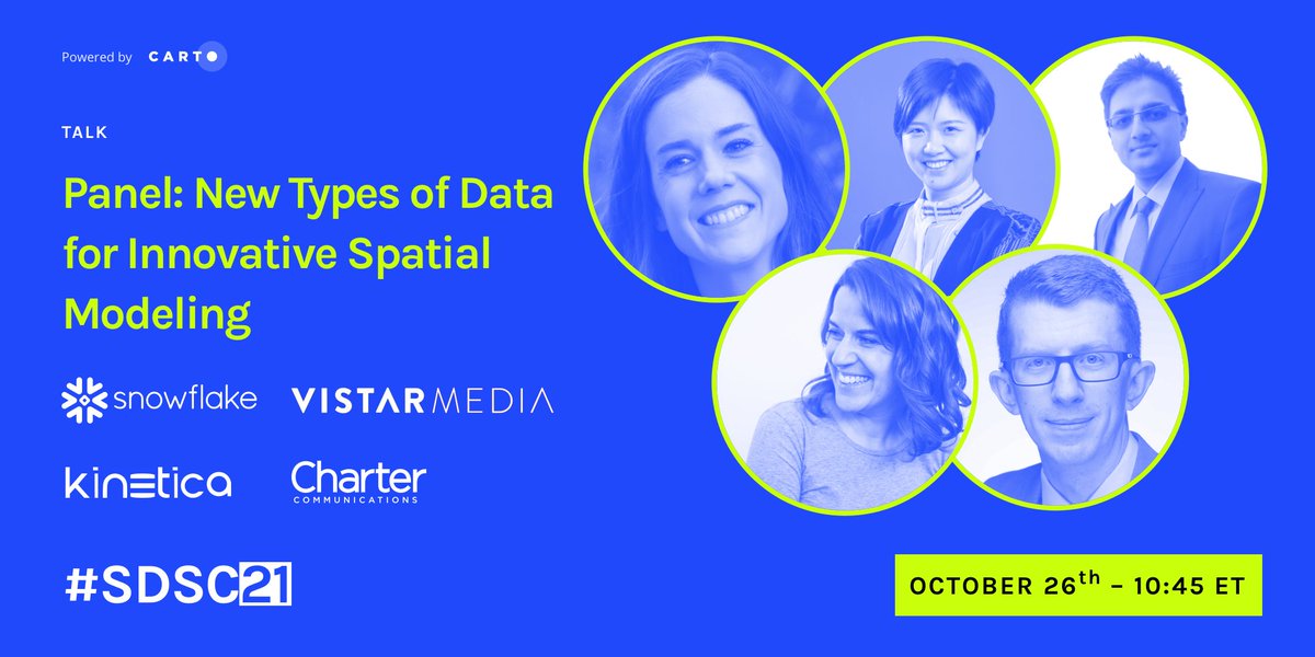 CARTO's tweet image. 🎙️ #SDSC21 Featured Speakers of the Day

👤🏢 @CharterNewsroom @SpectrumBiz @CharterGov @TriMyData @SnowflakeDB @KineticaHQ @musicalchen @vistarmedia
📅 Tue, Oct 26th 
⏰ 10:45am ET
💬 [PANEL] New Types of Data for Innovative #SpatialModeling

spatial-data-science-conference.com/2021/index.htm…