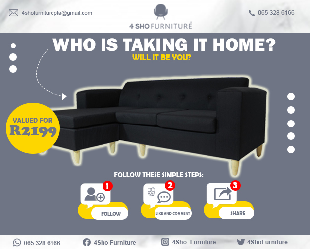 The competition is still on, You could still be the one taking The Universal L Shape Couch Home. 
To stand a chance, all you have to do is like, share &amp; follow us across all social media platforms. tag a friend while you at it😁

<a href="/4shoFurniture/">4Sho Furniture</a> Grade 11