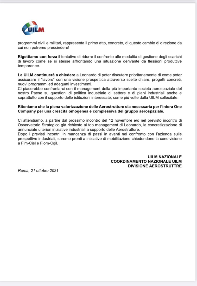 <a href="/UilmNazionale/">Uilm Nazionale</a> <a href="/UilmCampania/">𝑼𝒊𝒍𝒎 𝑪𝒂𝒎𝒑𝒂𝒏𝒊𝒂</a> <a href="/UilmTa/">Uilm Taranto</a> <a href="/NapoliUilm/">𝑼𝒊𝒍𝒎 𝑵𝒂𝒑𝒐𝒍𝒊</a> <a href="/UPomigliano/">𝑼𝒊𝒍𝒎 𝑳𝒆𝒐𝒏𝒂𝒓𝒅𝒐 𝑷𝒐𝒎𝒊𝒈𝒍𝒊𝒂𝒏𝒐</a> @uilmfoggia La forza della ragione ci da l’energia per sostenere una giusta rivendicazione. <a href="/Leonardo_IT/">Leonardo</a> mettere a punto un piano industriale per il rilancio della Divisione Aerostrutture è una occasione per il Paese💪