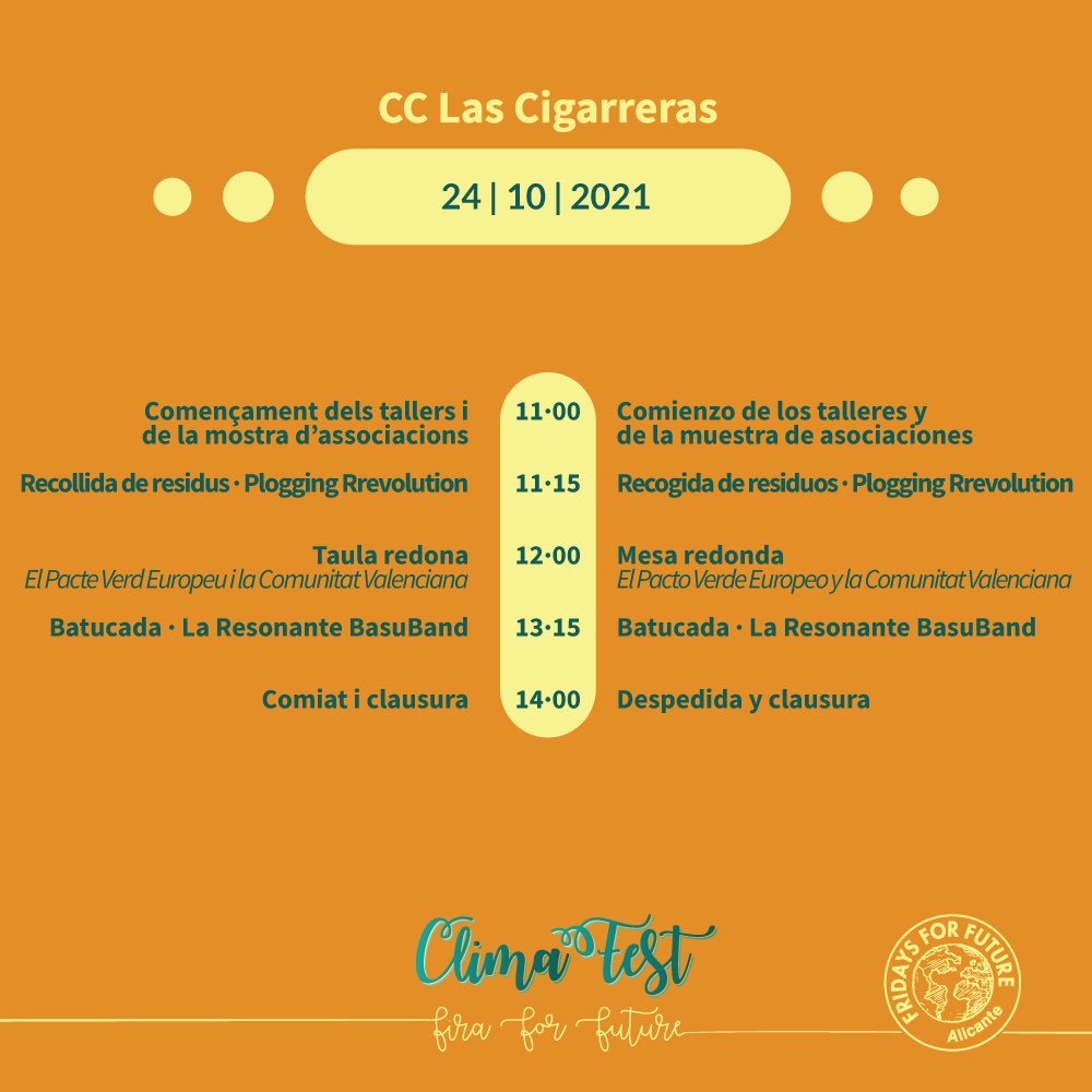 Apunta para este finde: <a href="/ClimaFest/">ClimaFest: Fira For Future</a>, festival educativo para acercar la lucha por el medio ambiente a jóvenes y familias 🌿🌱🍃 Talleres, charlas, música y más. En <a href="/LasCigarrerasCC/">Las Cigarreras CC</a>