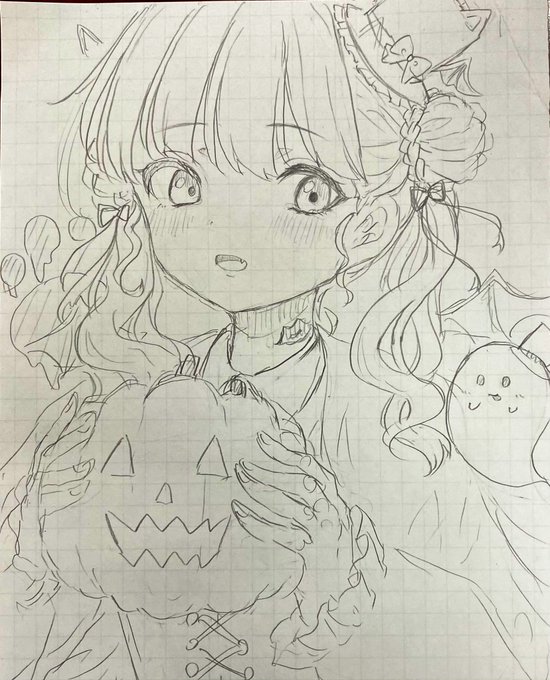 ハロウィンイラスト新しい下書きが出来た!  代理ちゃんよりこっちの方が良きかな〜🤔   迷う笑 