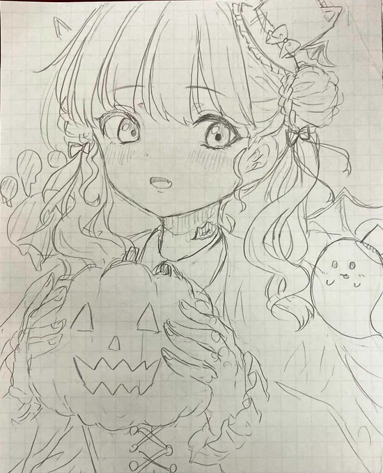 ハロウィンイラスト新しい下書きが出来た!  代理ちゃんよりこっちの方が良きかな〜🤔   迷う笑 