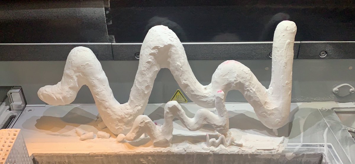The Genesis Moment for our first full color 3D printed chromie squiggle 😎 It is encased in a powder (chrysalis?!) that supports the statue as it grows …. Reveal of the cleaned and polished squiggle to follow soon… #NFTCommunity <a href="/artblocks_io/">Art Blocks</a> Details in discord in my bio ✌🏻🍻