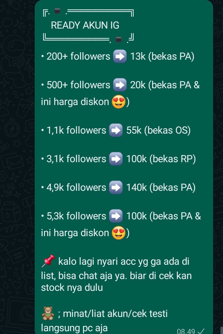 🧸 WTS acc IG murah 🧸

[cek pict untuk daftar harga nya]

Note ;
— Acc yg di jual aman 💯
— Acc nya siap pakai <3
— Folls asli indo no bot / bule

order/cek akun dulu? bisa dm or wa yaa! 💘

#zonaba #zonauang #zonajajan #zonabu #jualig #jualacc #jualakunig 47