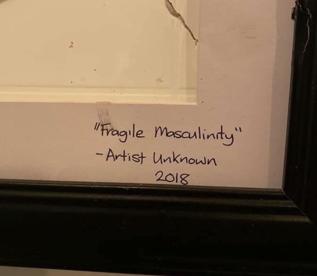 camomilawhite's tweet photo. Foto en un baño de hombres de Auckland. Los empleados descubrieron la rotura de la puerta del baño de hombres, provocada por un golpe de puño, y en vez de repararla la enmarcaron y llamaron a la obra “masculinidad frágil” https://t.co/zxcsxe1lJI