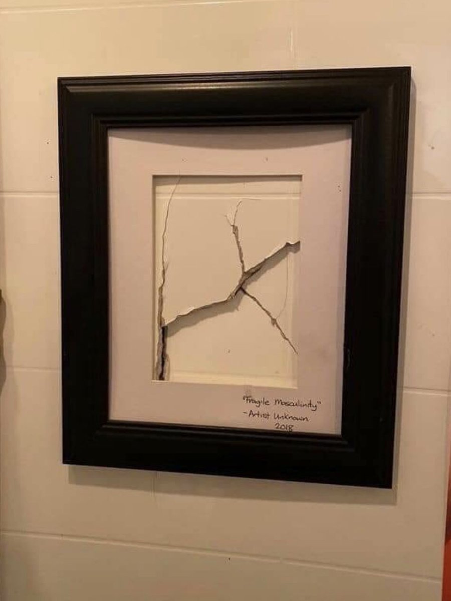 camomilawhite's tweet photo. Foto en un baño de hombres de Auckland. Los empleados descubrieron la rotura de la puerta del baño de hombres, provocada por un golpe de puño, y en vez de repararla la enmarcaron y llamaron a la obra “masculinidad frágil” https://t.co/zxcsxe1lJI
