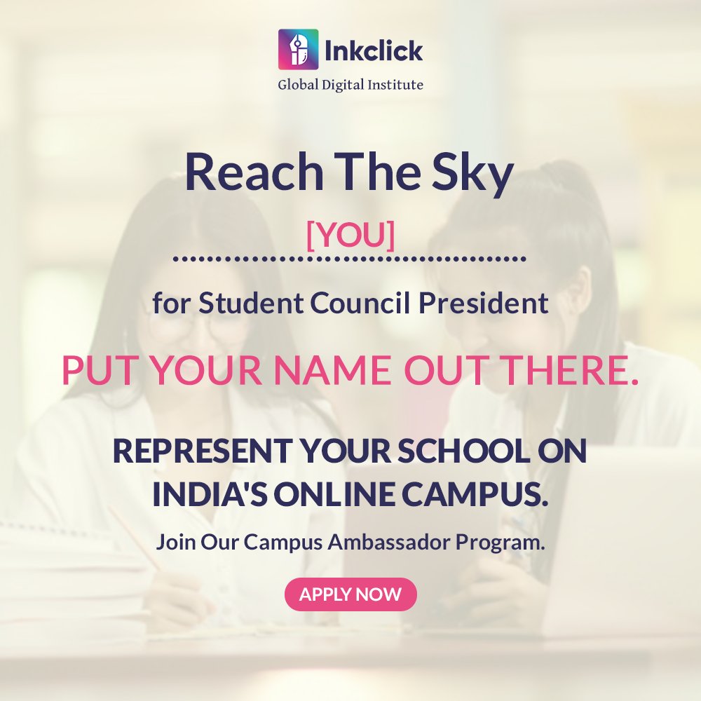 inkclick_world's tweet photo. Nominate yourself for the most exciting role in India’s students council. The President.

Join Inkclick’s campus ambassador program now.
https://t.co/sGH5cFGFkm
.
#onlineclassessses #onlinelearningforkids #parentlifestyle #inkclick #learning #parenting #parentingchallenge� https://t.co/PqSwTNHm0i