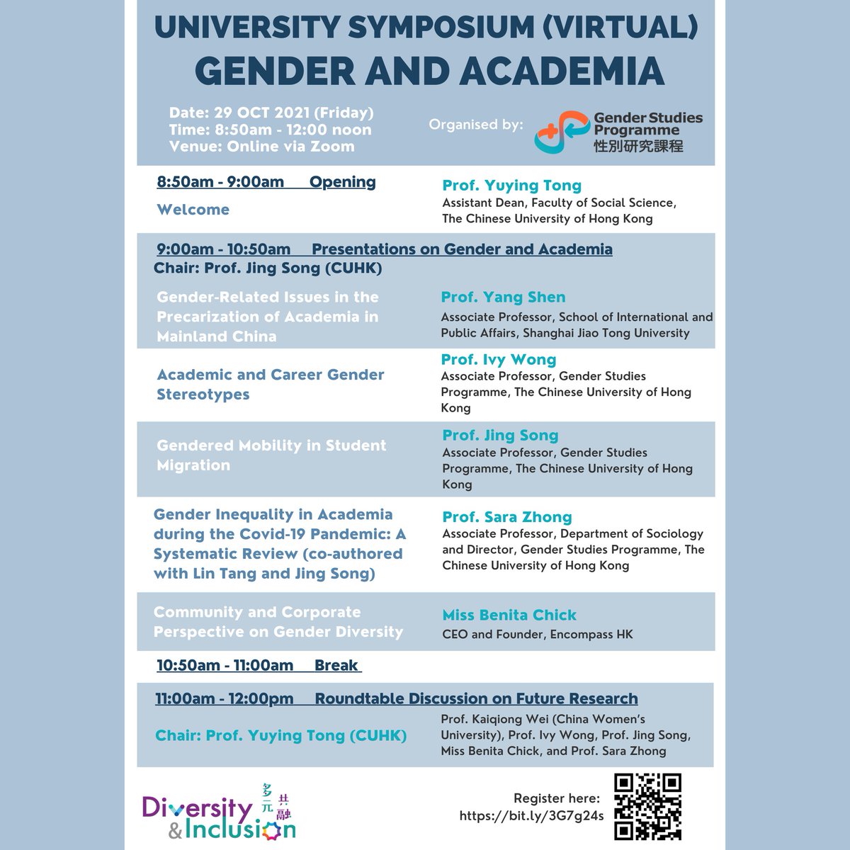 CUHKGenderS's tweet photo. [Symposium and Lecture on Diversity and Inclusion Week]
Date: 29 Oct 2021

University Symposium (Virtual): Gender and Academia

Public Lecture: Gender Constitutionalism and Reproductive Rights in Asia 

#Gender  #Semniar #CUHK #DiversityandInclusionWeek #genderstudies https://t.co/wp19vj5akQ
