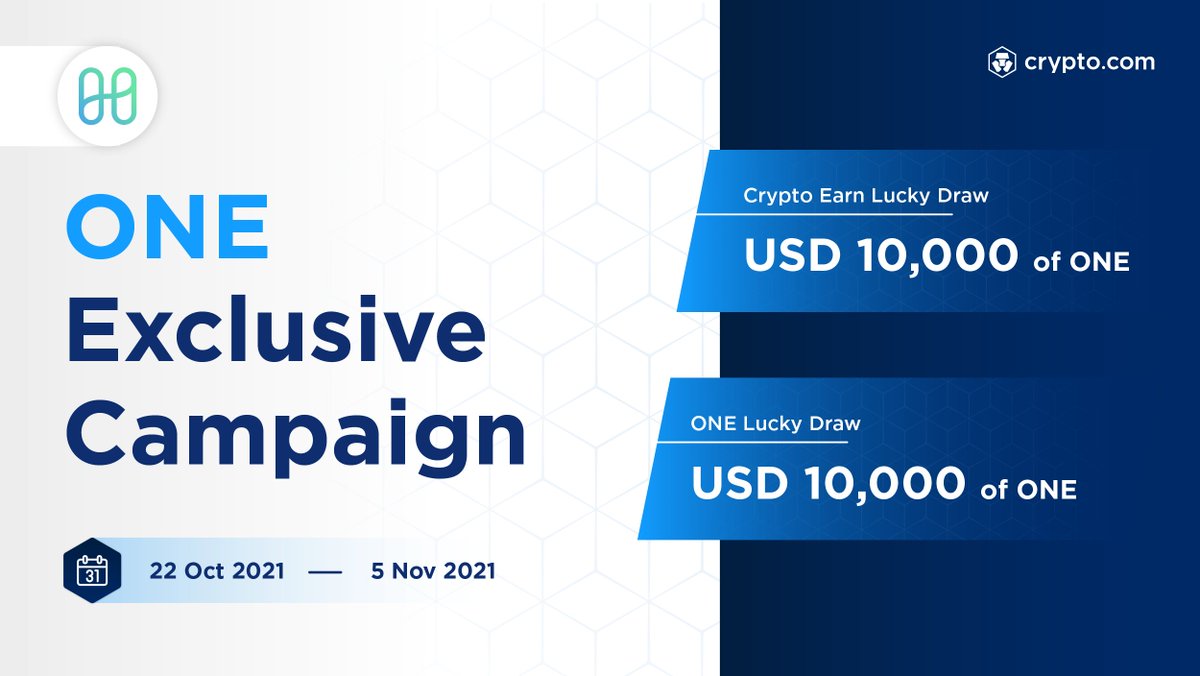 cryptocom's tweet photo. Join the ONE Exclusive Campaign in the https://t.co/vCNztATkNg App now! 🚀

💰 USD 20,000 of $ONE up for grabs 
📲 Trade or deposit into Crypto Earn before 5 November 2021 to join

Sign Up Now 👉 https://t.co/dTUNsYHpwi 

ℹ️ https://t.co/MSODmFPmq4 

@harmonyprotocol https://t.co/KuuvJxkPCu