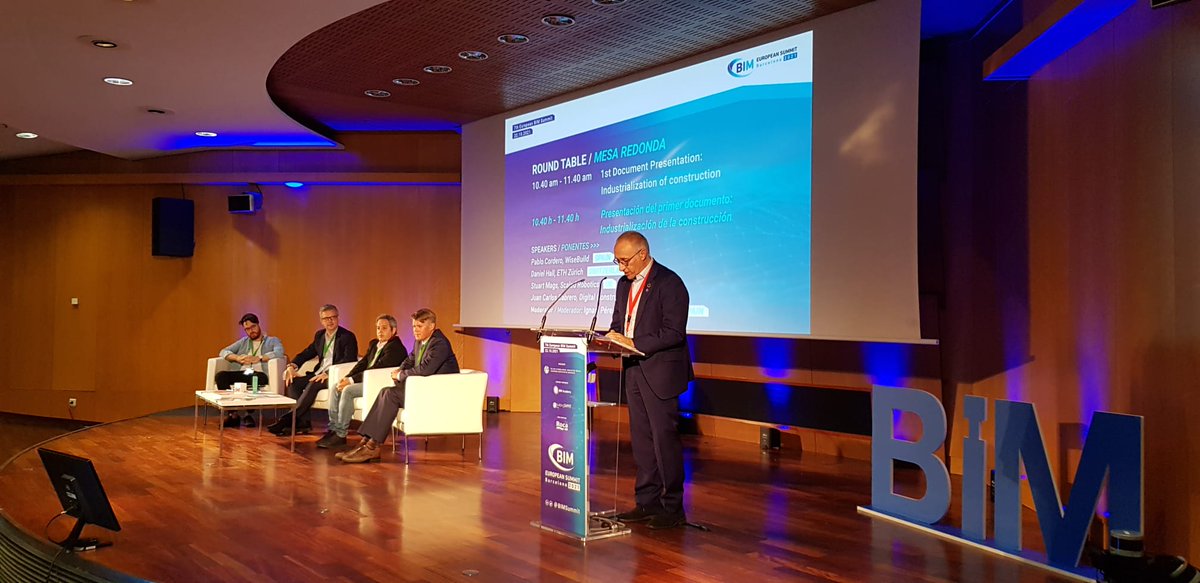 EBSBarcelona's tweet photo. Time for the first round table in the #EuropeanBIMSummit21: 'Industrialization of Construction', with @Pablo_WB from @Wise_Build, @DanielHall_ethz from @ETH, Stuart Maggs from @scaled_robotics and @JCCabrero from @hubaparejadores. https://t.co/KHr0S2pFUR