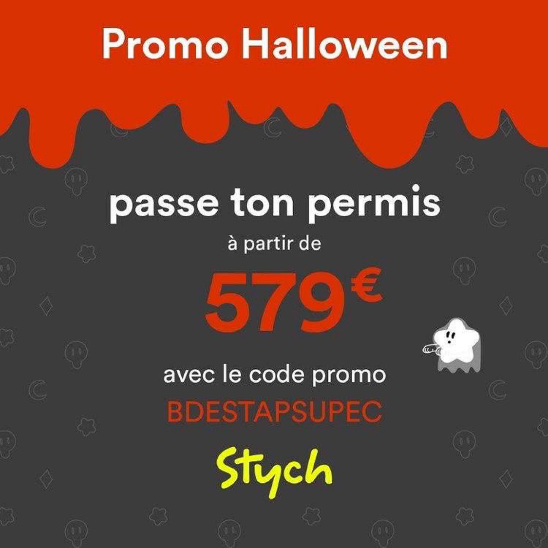 StapsBde's tweet photo. 👻 579 € seulement le Permis de Conduire #Stych pour Halloween ‼️
Avec l’inscription en Préfecture + le Code de la route en ligne + 20 cours de conduite
Inscris-toi avant le 31 octobre avec le code de réduction BDESTAPSUPEC en cliquant sur le lien suivant
https://t.co/7B4s1HEgxg https://t.co/NuKUjKTeQO