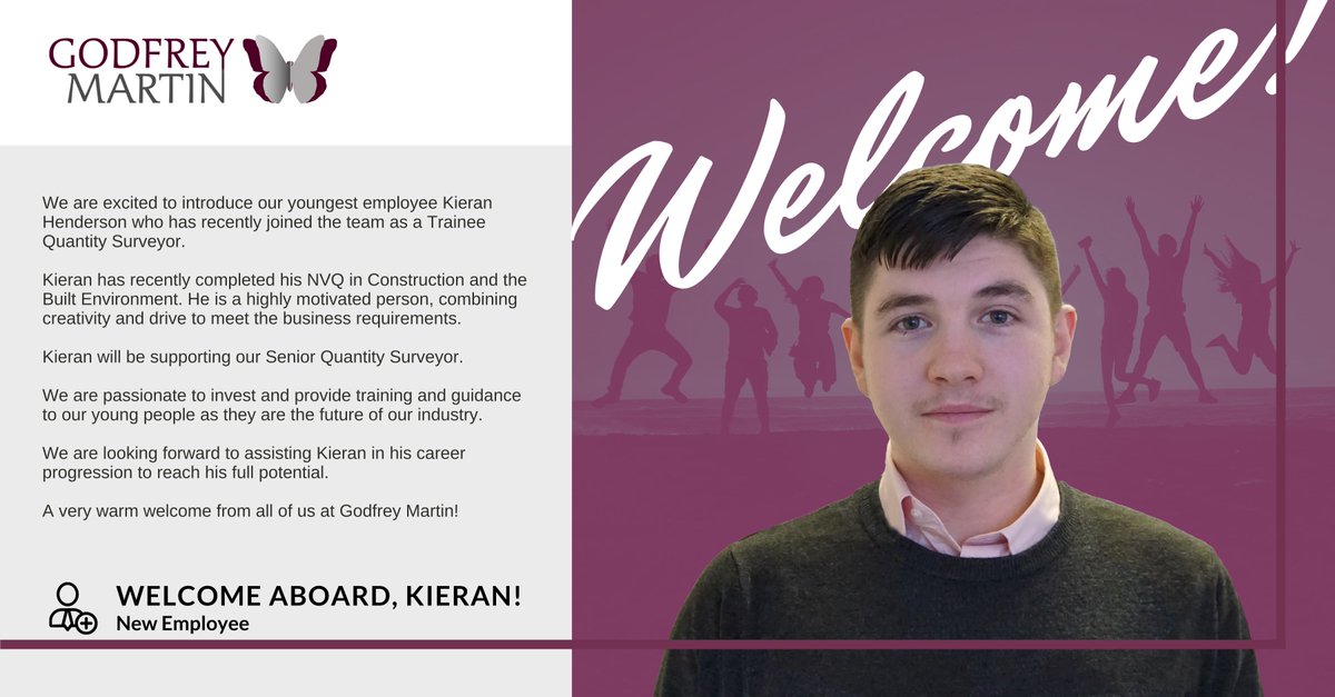 We are excited to introduce our youngest employee Kieran Henderson who has recently joined us as a Trainee Quantity Surveyor.
We are passionate to invest and provide training and guidance to our young people as they are the future of our industry. A very warm welcome from us all!