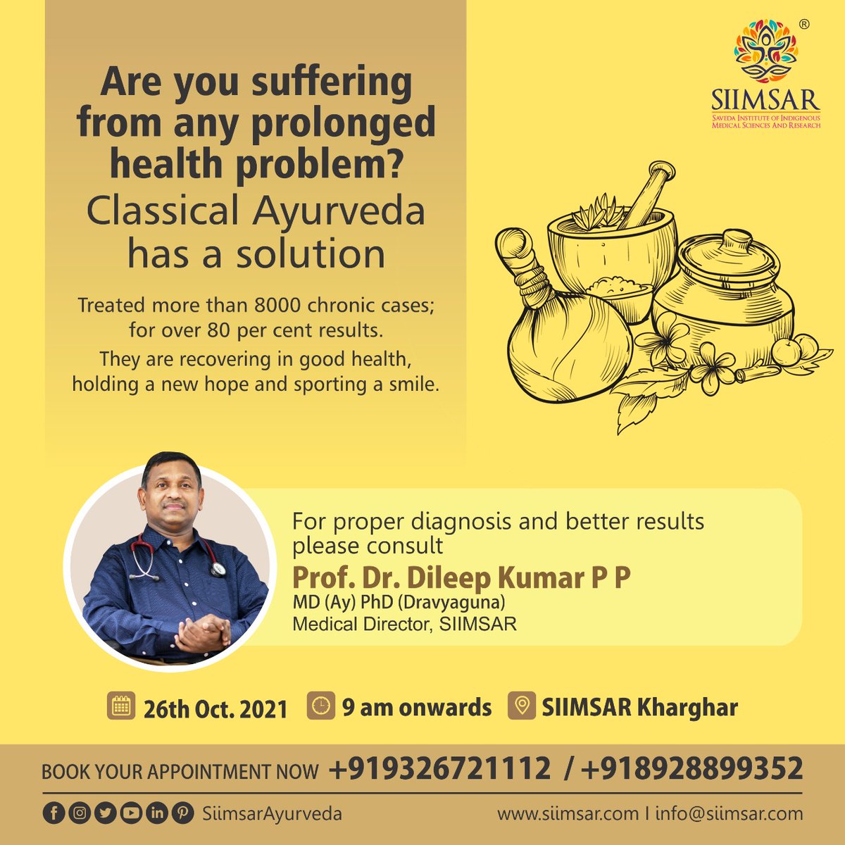 siimsar1's tweet photo. Are you suffering from any prolonged health problem?
Classical Ayurveda has a solution.  Treated more than 8000 chronic cases; for over 80 per cent results.
for booking your appointment call: 93267 21112
#SiimsarAyurveda #Kharghar https://t.co/kvjQkvz04c