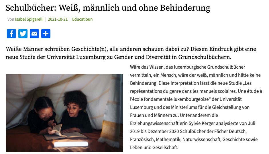 En interessanten Artikel vun der Zeitung @WOXXHEBDO iwwert eis Etüd zu den Genderrepresentatiounen am Enseignement fondamental.
woxx.lu/schulbuecher-w…