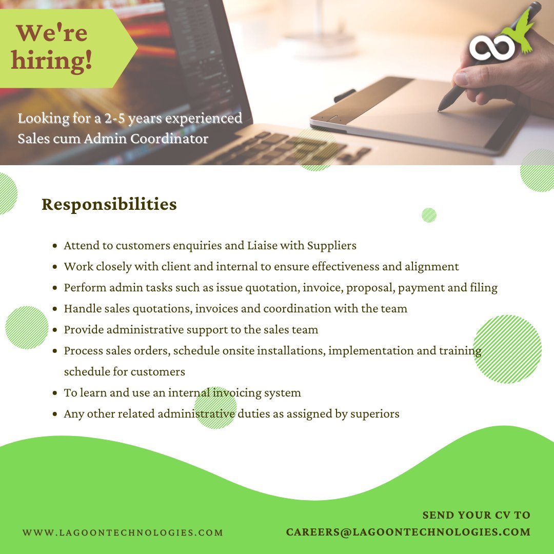 lagoontech's tweet photo. Position: Sales cum Admin Coordinator
Interested candidates can send their resume to careers@lagoontechnologies.com or drop at career page at https://t.co/9pTTHsW3sO
#lagoontech #Salescumadmincoordinator #jobsearching #jobpost #hiring #recruiting #admincoordinator #salesadmin https://t.co/eGkX9XStYD